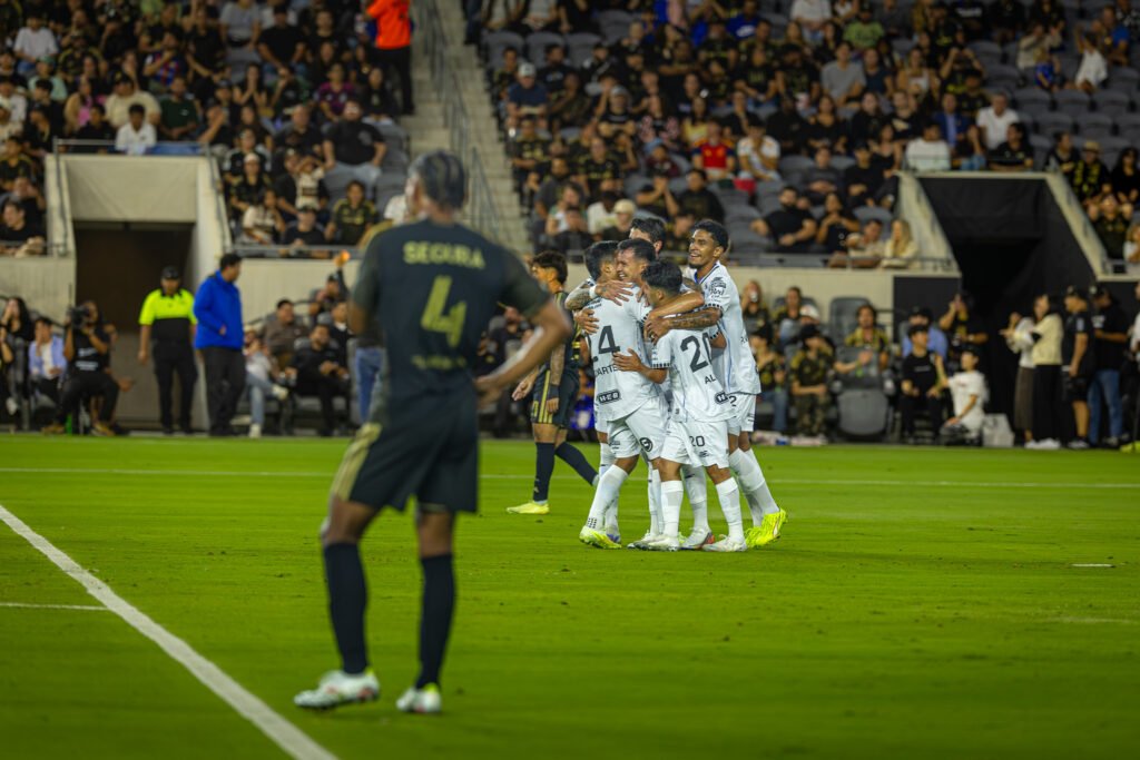 Querétaro FC celebrates an early goal by Ali Ávila (9) to take the lead on Wednesday night at BMO Stadium in Los Angeles, CA - photo by Adrian Perez