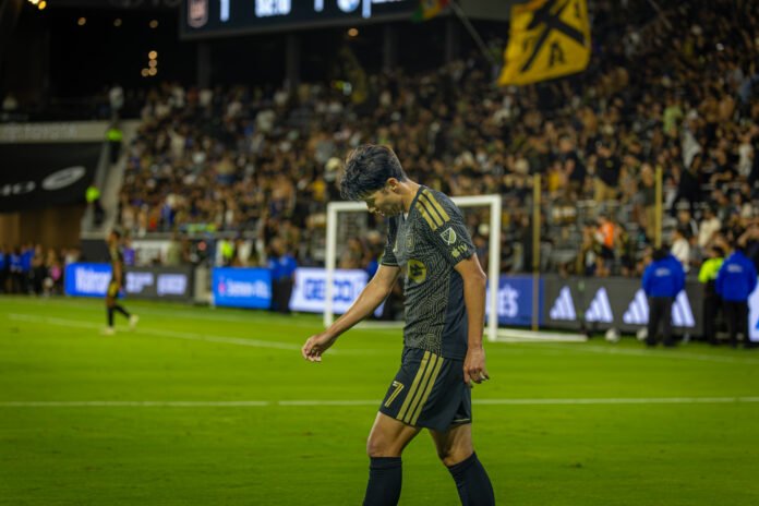 LAFC's Son Heung-Min (7) disappointed after one of many missed scoring opportunities on Wednesday night at BMO Stadium in Los Angeles, CA - photo by Adrian Perez