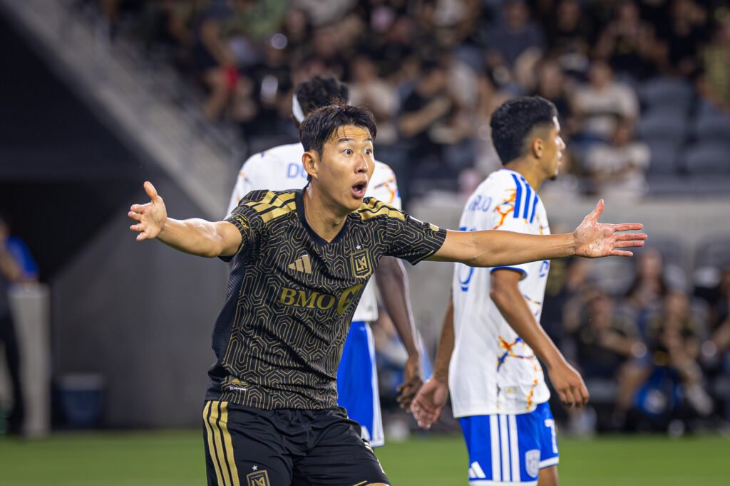 Son Heung-Min (7) shows LAFC's frustration as they remain winless against San Diego FC on Saturday night at BMO Stadium in Los Angeles, CA - photo by Adrian Perez