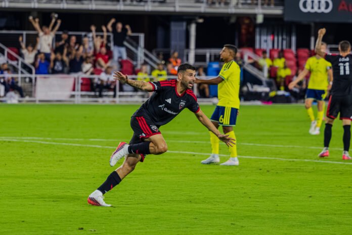 MLS - Tai Baribo celebrating his goal that ties the game for DC United at Audi Field against Nashville SC in Washington DC on Saturday August 1st. Photo Credits: Omar Soto