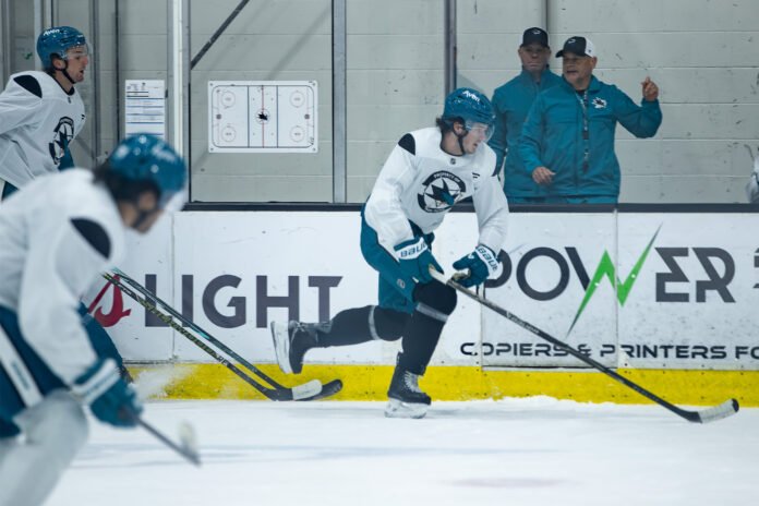Jacob Trouba skates during San Jose Sharks practice.