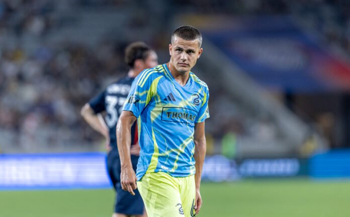 Philadelphia Union midfielder Cavan Sullivan (6) looks on during the match against San Diego FC. Sullivan scored twice in Philadelphia's 5-0 victory on Sunday night at Snapdragon Stadium in San Diego, CA - photo by Adrian Perez