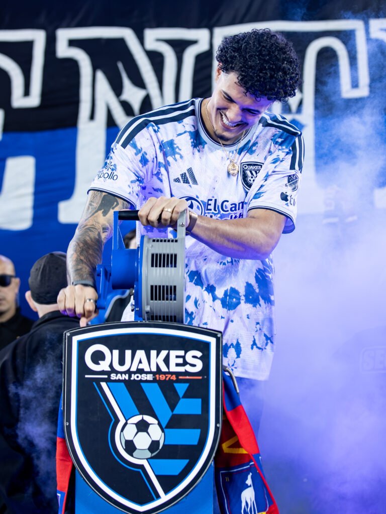 Golden State Warriors forward Gui Santos sounds the ceremonial siren at PayPal Park during San Jose Earthquakes Brazilian Heritage Night.