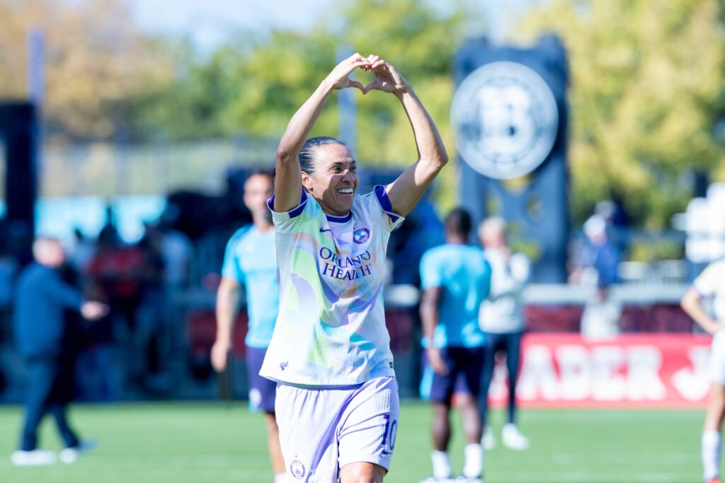 Marta makes a heart gesture toward the fans at PayPal Park after Orlando Pride’s match against Bay FC.