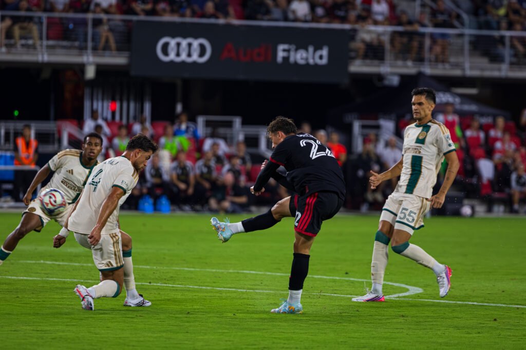 MLS - DC United's Nathan Ordaz #22 taking a shot on target at Audi Field in Washington DC on September 12th, 2026. Photo Credits - Omar Yair Soto
