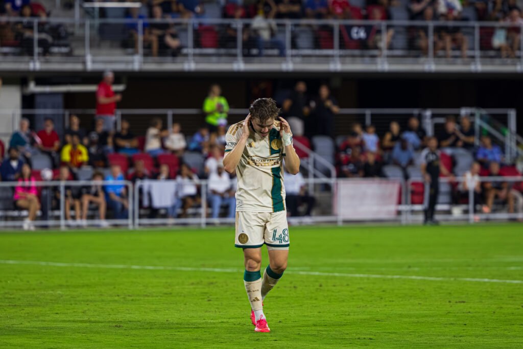 MLS - Atlanta United's Cooper Sanchez #48 frustrated after another save from DC United goalkeeper #1 Sean Johnson at a MLS game at Audi Field in Washington DC on September 12th 2026. Photo Credits - Omar Yair Soto