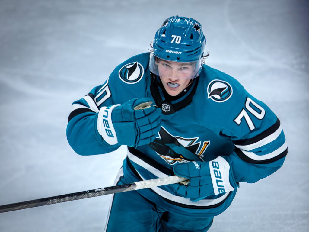 Jake Gustafson (#70) of the San Jose Sharks celebrates after scoring against the Utah Mammoth during the 2026 Rookie Faceoff at Tech CU Arena in San Jose.