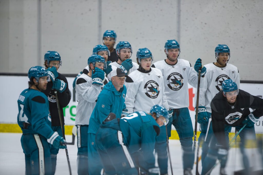San Jose Sharks players participate in a Training Camp session on the ice in San Jose.