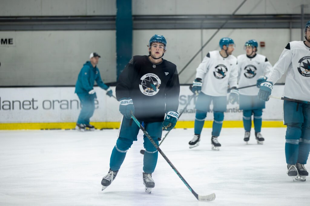 Luca Cagnoni (#42) skates during a San Jose Sharks training camp practice in San Jose, California.