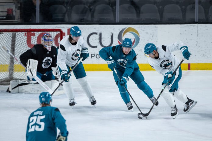 Macklin Celebrini and Brett Leason during San Jose Sharks Training Camp in San Jose.