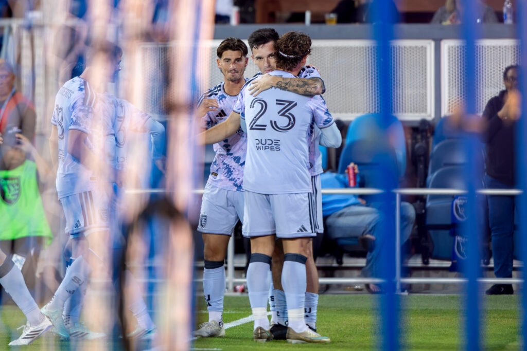 Preston Judd celebrates his goal with San Jose Earthquakes teammates against the Portland Timbers.