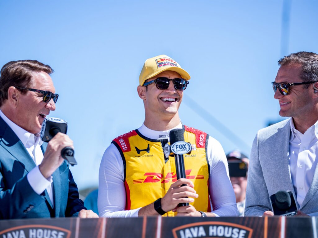 Alex Palou speaks during an interview at WeatherTech Raceway Laguna Seca