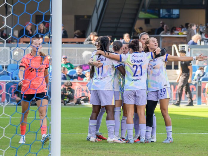 Orlando Pride players celebrate Haley McCutcheon’s second goal against Bay FC at PayPal Park.