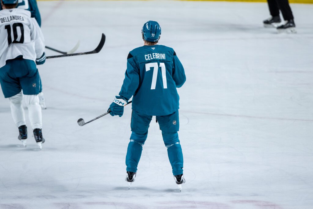 Macklin Celebrini (#71) seen from behind during San Jose Sharks training camp at Sharks Ice in San Jose.