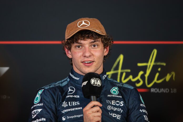 Mercedes driver Kimi Antonelli speaks during a post-qualifying interview after securing pole position for the 2026 Formula 1 United States Grand Prix in Austin, Texas.