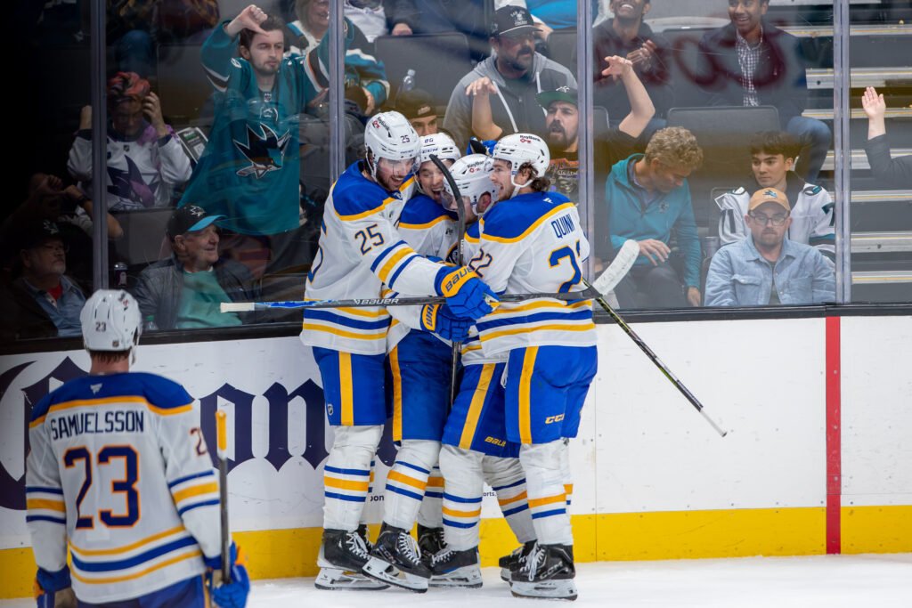 Buffalo Sabres players celebrate a goal against the San Jose Sharks during an NHL regular-season game at SAP Center in San Jose, California, on October 27, 2026.