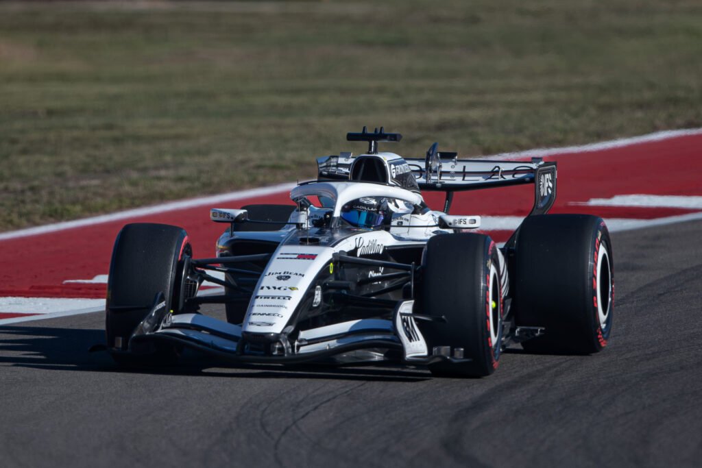 American driver Colton Herta driving a Cadillac Formula 1 car during FP1 at the 2026 United States Grand Prix at Circuit of the Americas in Austin, Texas.
