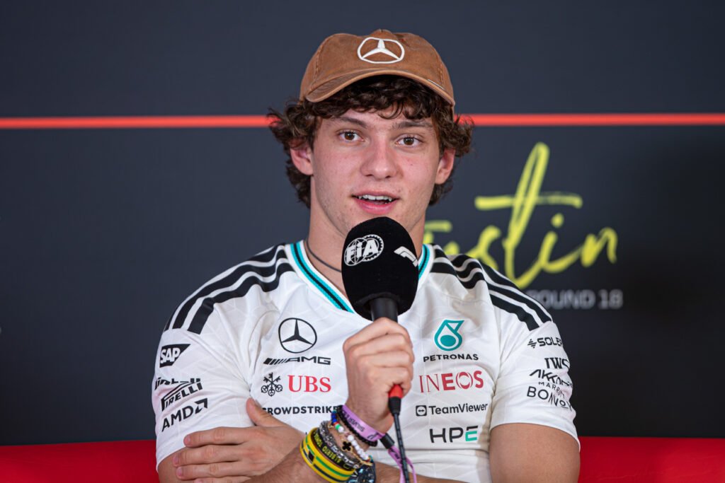 Mercedes Formula 1 driver Kimi Antonelli speaking to the media during a press conference at Circuit of the Americas in Austin, Texas.