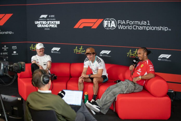 Formula 1 drivers Lewis Hamilton, Kimi Antonelli and Valtteri Bottas during a press conference at Circuit of the Americas in Austin, Texas.