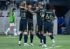 Son Heung-Min (7) celebrates LAFC's 3rd goal off the assist from Jacob Shaffleburg (18) on Wednesday night at BMO Stadium in Los Angeles, CA - photo by Adrian Perez