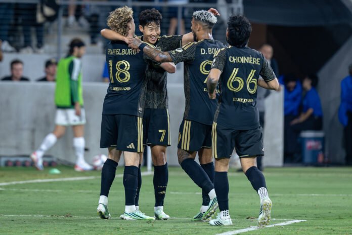 Son Heung-Min (7) celebrates LAFC's 3rd goal off the assist from Jacob Shaffleburg (18) on Wednesday night at BMO Stadium in Los Angeles, CA - photo by Adrian Perez