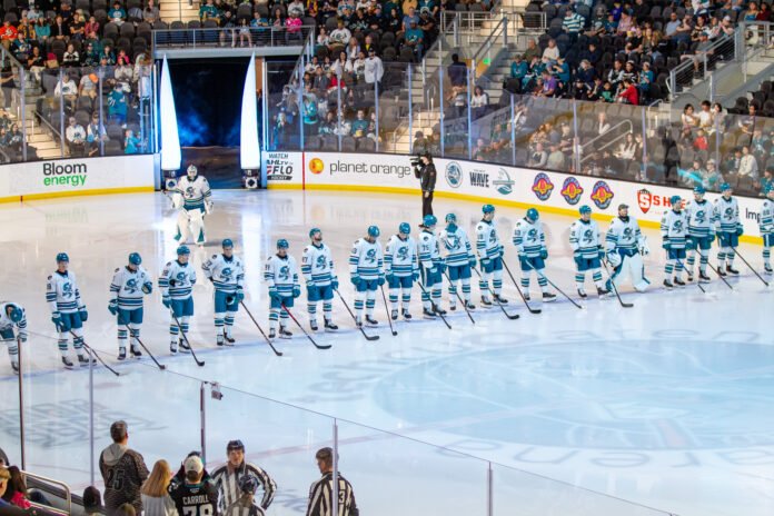 San Jose Barracuda players are introduced to fans before the 2026-27 AHL season opener at Tech CU Arena.