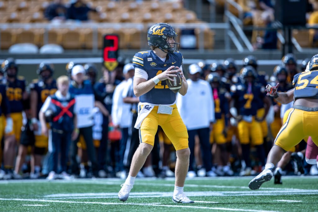 Jackson Brousseau prepares to throw a pass for California against Virginia Tech.