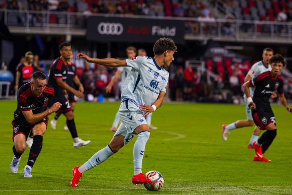 International Club Friendly - SC Paderborn 07's #38 Zeitler pushing the DC United defense at a International Club friendly at Audi Field in Washington DC on September 30th, 2026. Photo Credits - Omar Yair Soto