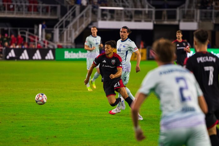 International Club Friendly - DC United's Brandon Servania #21 recovering the ball in the midfield in a International Club Friendly at Audi Field in Washington DC on September 30th, 2026. Photo Credits - Omar Yair Soto