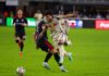 MLS - Red Bull New York's Cade Cowell #7 getting through DC United defender Silvan Hefti #5 in a MLS game at Audi Field in Washington DC on October 14th, 2026. Photo Credits - Omar Yair Soto