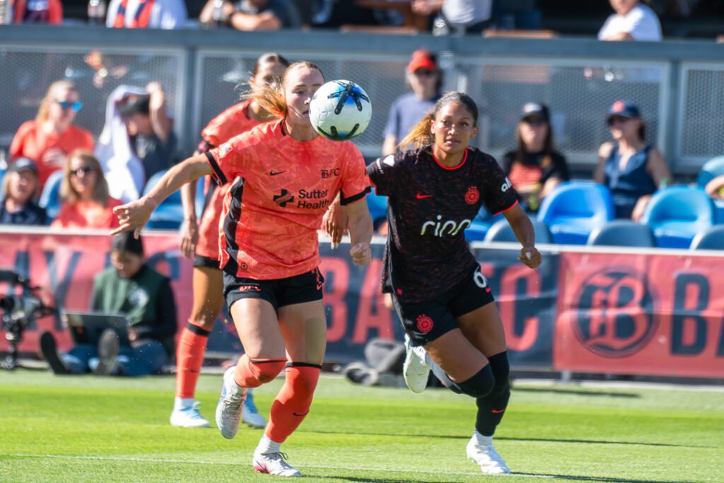 Bay FC and Portland Thorns players compete for the ball during their NWSL match at PayPal Park in San Jose.