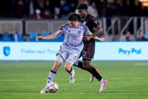 San Jose Earthquakes player No. 5 battles for possession against Colorado Rapids player No. 32 during their MLS match at PayPal Park in San Jose, California, on October 28, 2026.