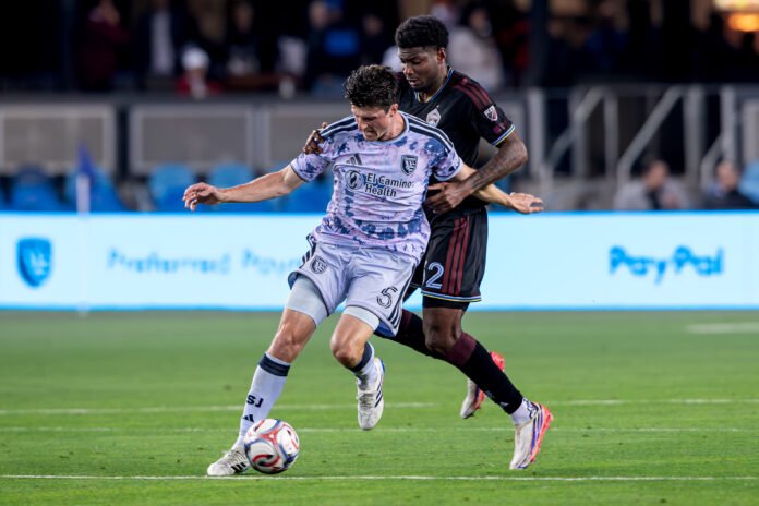 San Jose Earthquakes player No. 5 battles for possession against Colorado Rapids player No. 32 during their MLS match at PayPal Park in San Jose, California, on October 28, 2026.
