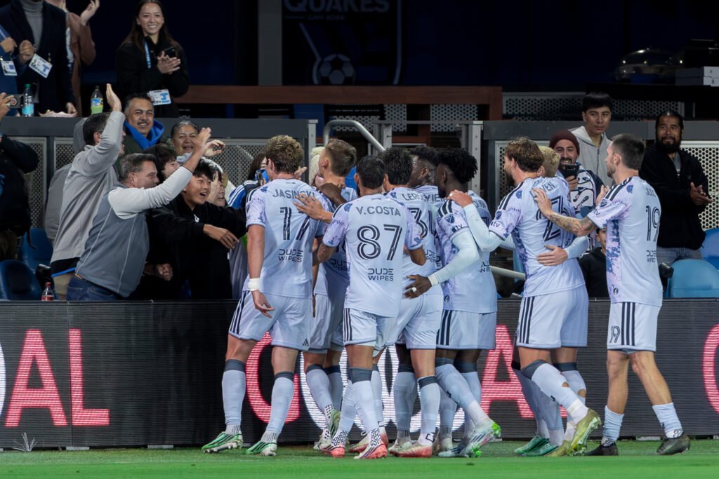 San Jose Earthquakes players celebrate Jack Jasinski's 83rd-minute equalizing goal against Colorado Rapids at PayPal Park on October 28, 2026.