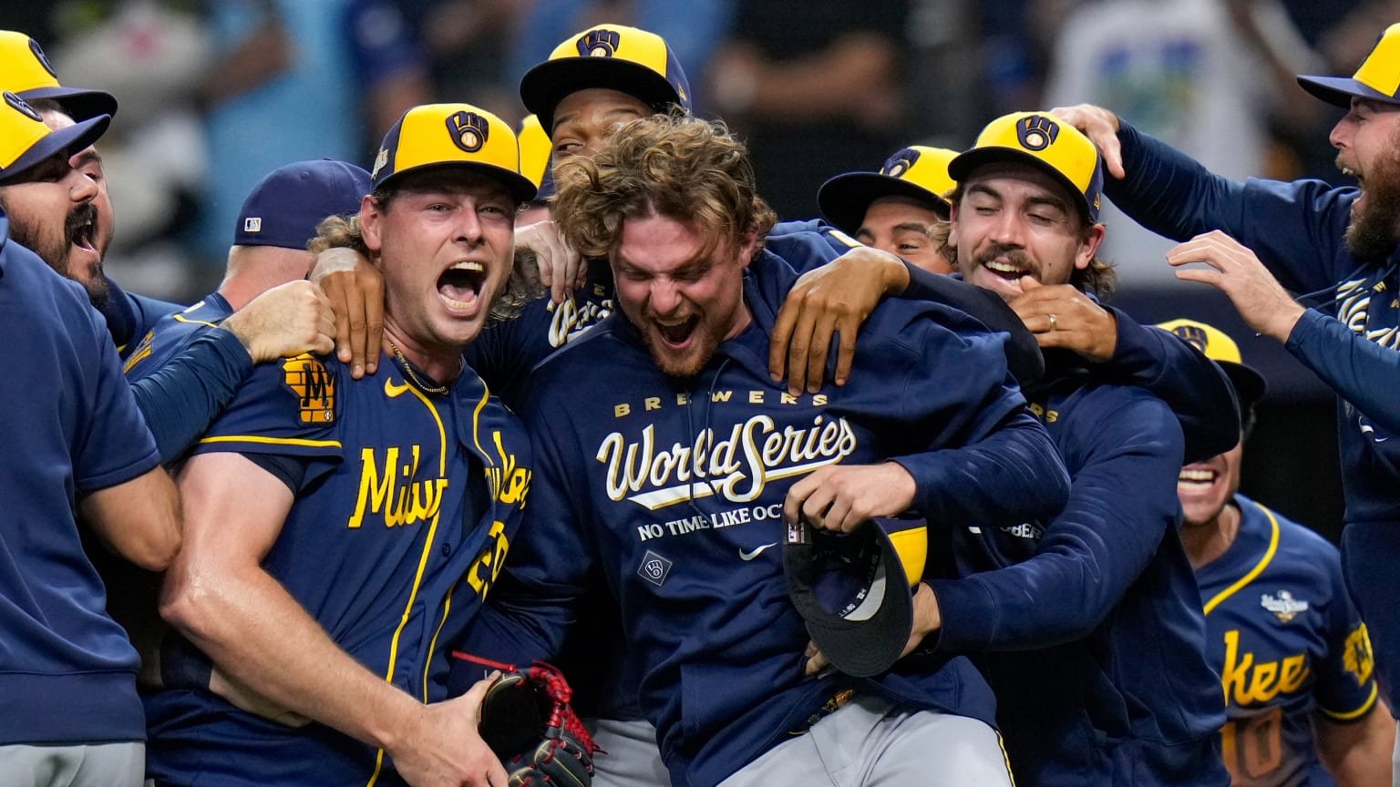 Brewers players celebrate together after winning the World Series