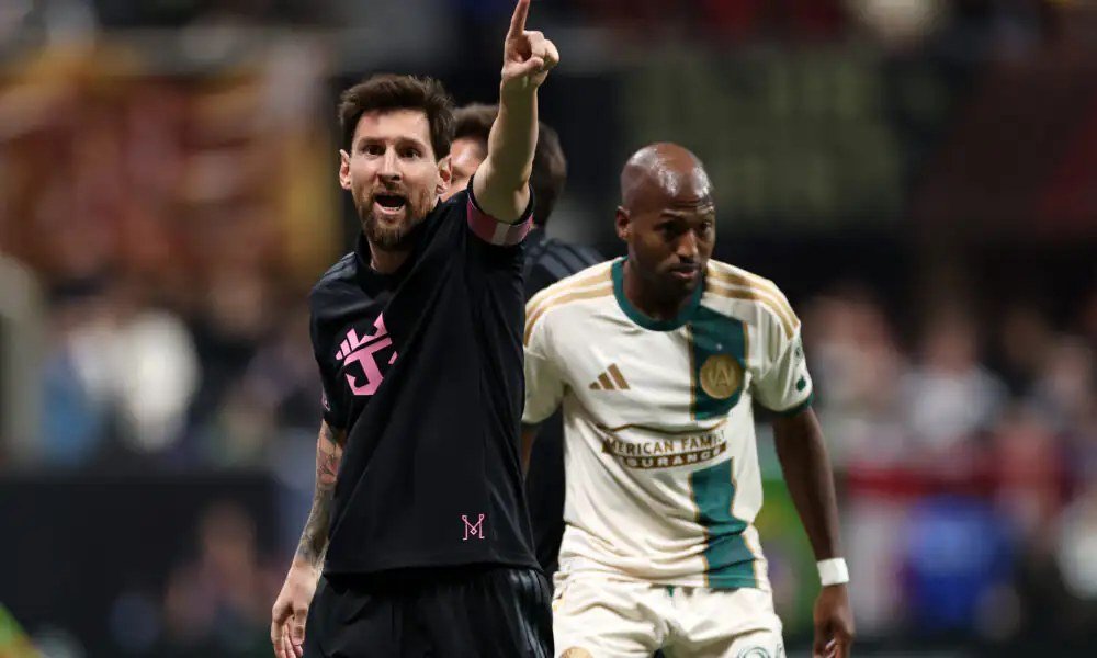 Lionel Messi celebrates after scoring for Inter Miami against Atlanta United in MLS