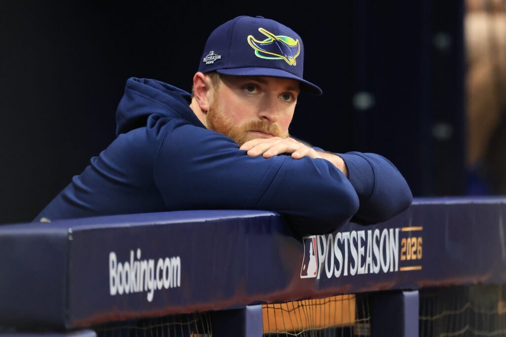 Tampa Bay Rays ace Drew Rasmussen in the dugout during the 2026 postseason