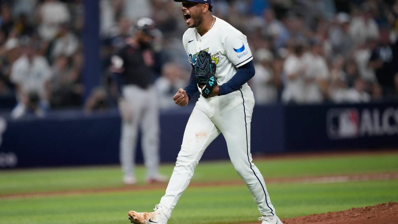 Tampa Bay Rays pitcher Freddy Peralta celebrating during the ALCS