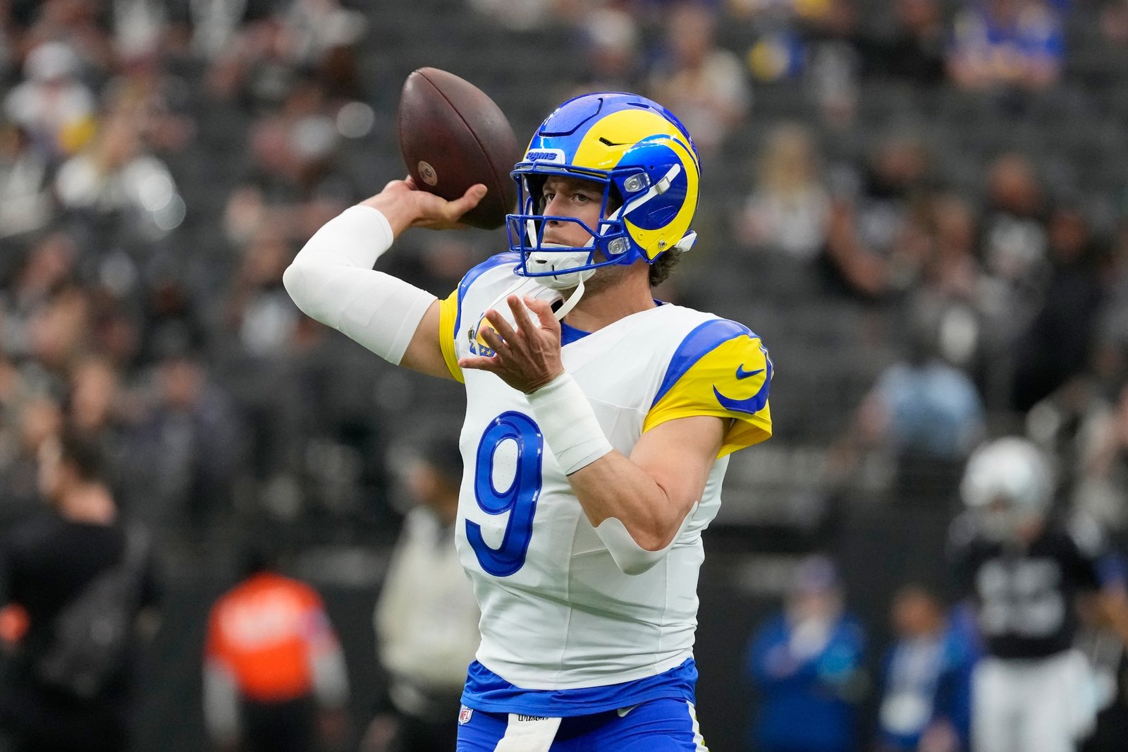 Matthew Stafford works out prior to the game against the Las Vegas Raiders